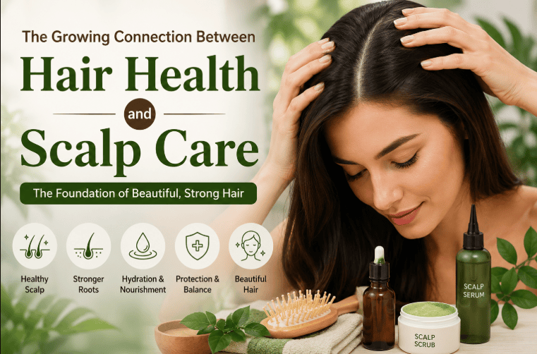 Woman caring for her scalp with hair care products, highlighting the connection between scalp health and healthy hair.