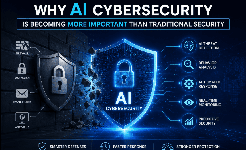 Alternative Text: AI cybersecurity shield protecting digital systems from modern cyber threats, with AI threat detection and real-time security monitoring.