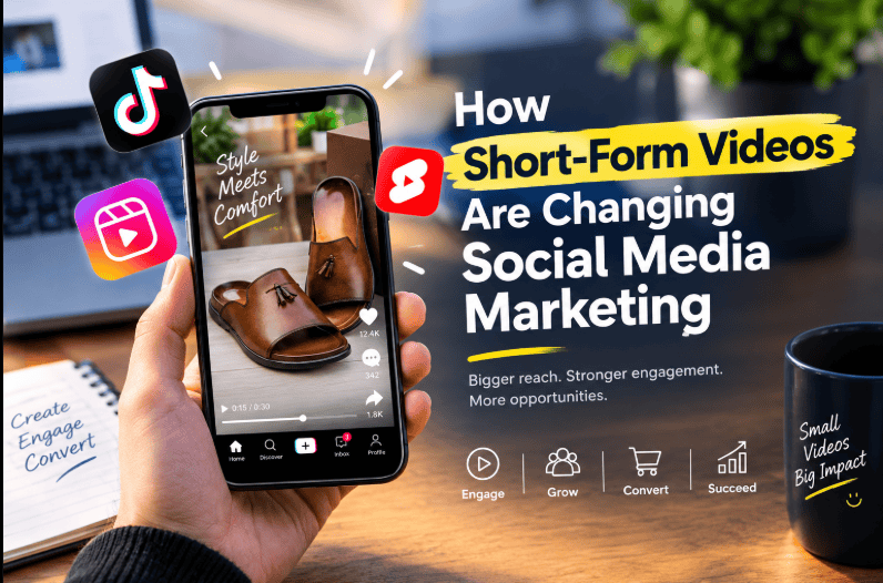 A promotional graphic showing a hand holding a smartphone displaying brown leather sandals in a short-form video, surrounded by TikTok, Instagram Reels, Facebook, and YouTube Shorts icons, with the headline “How Short-Form Videos Are Changing Social Media Marketing” and notes highlighting greater reach, engagement, and sales.