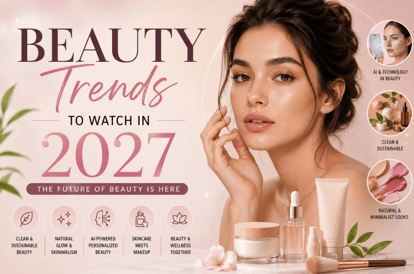 Beauty trends to watch in 2027, featuring natural makeup, glowing skin, AI-powered beauty technology, sustainable skincare, and personalized beauty.