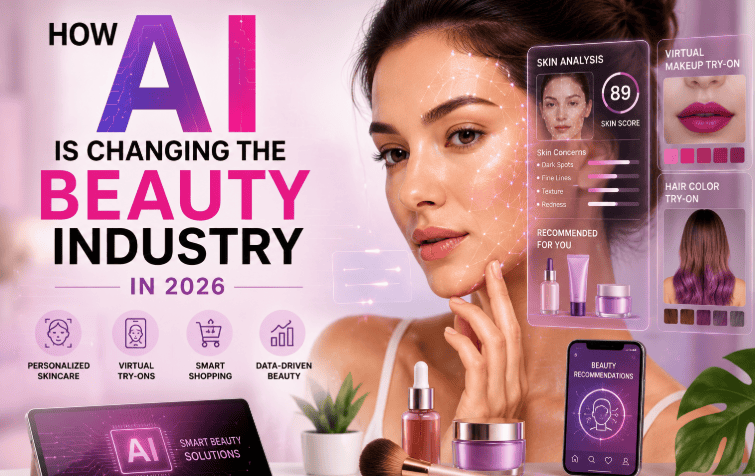 AI technology transforming the beauty industry in 2026 with personalized skincare, virtual makeup try-ons, smart beauty shopping, and AI-powered recommendations.