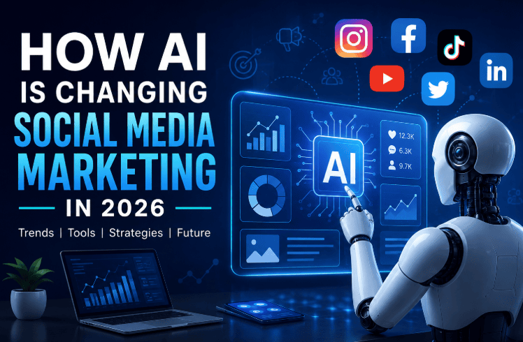 Alternative Text: AI-powered social media marketing in 2026 with analytics dashboard, social media icons, and futuristic AI technology.