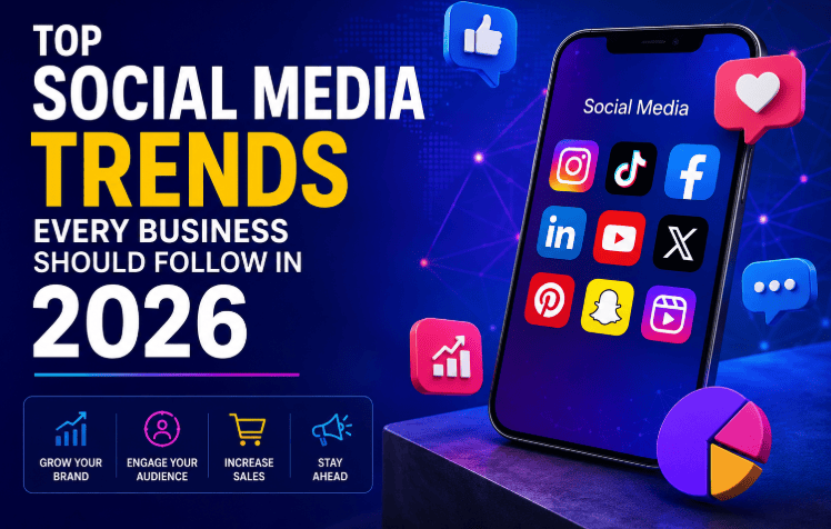 Top social media trends every business should follow in 2026, featuring social media platforms, digital marketing analytics, audience engagement, and business growth.