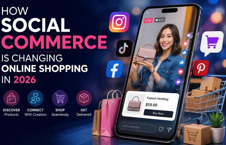 Social commerce changing online shopping in 2026 through social media, creators, mobile shopping, and digital purchases.