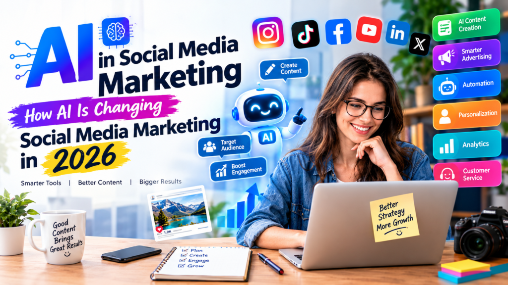 AI in social media marketing 2026 showing AI-powered content creation, advertising, automation, analytics, personalization, and customer service