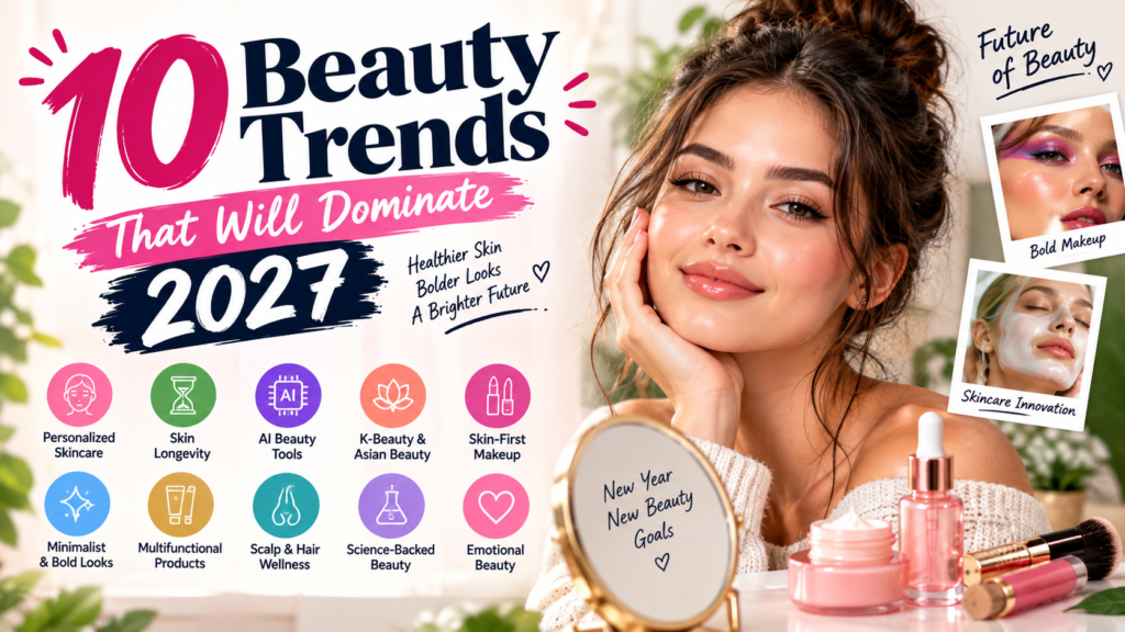10 beauty trends that will dominate 2027 featuring personalized skincare, AI beauty tools, K-beauty, skin longevity, makeup, and beauty innovation