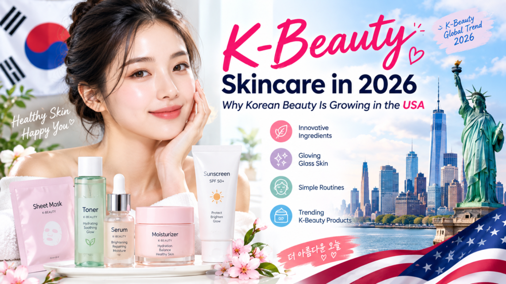 K-Beauty skincare products and glowing Korean beauty routine in the USA 2026