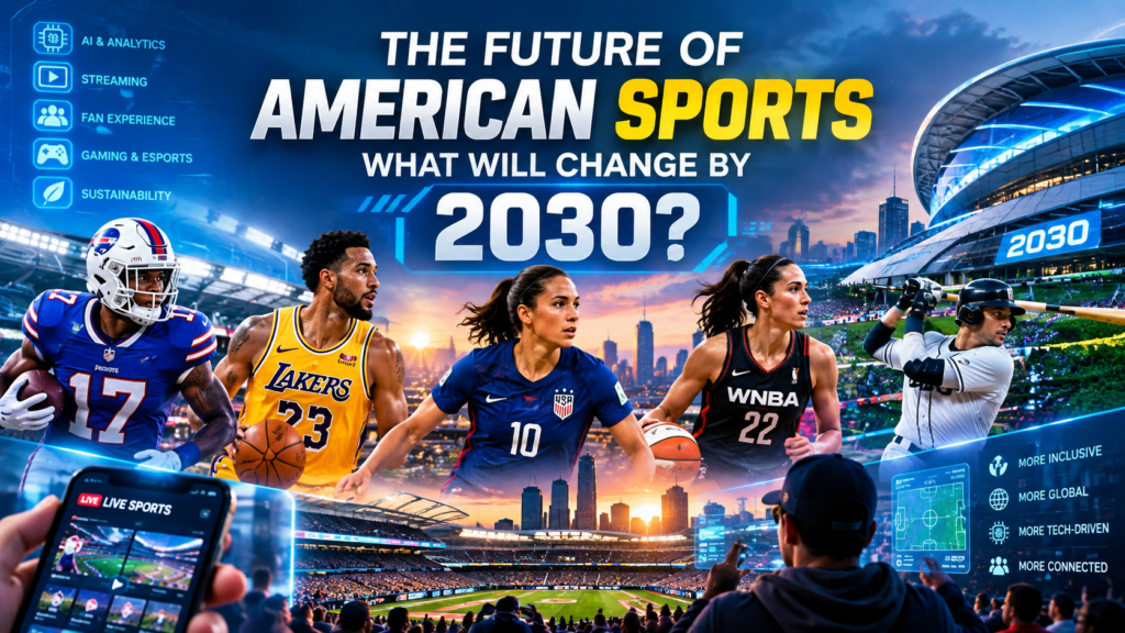 The future of American sports in 2030 featuring AI, streaming, soccer, basketball, football, women’s sports, and advanced fan experiences.