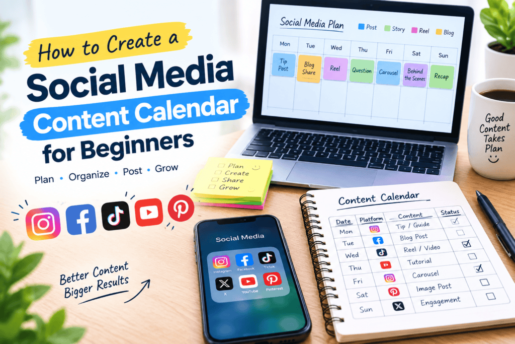 Social media content calendar for beginners with a laptop, smartphone, and content planning tools