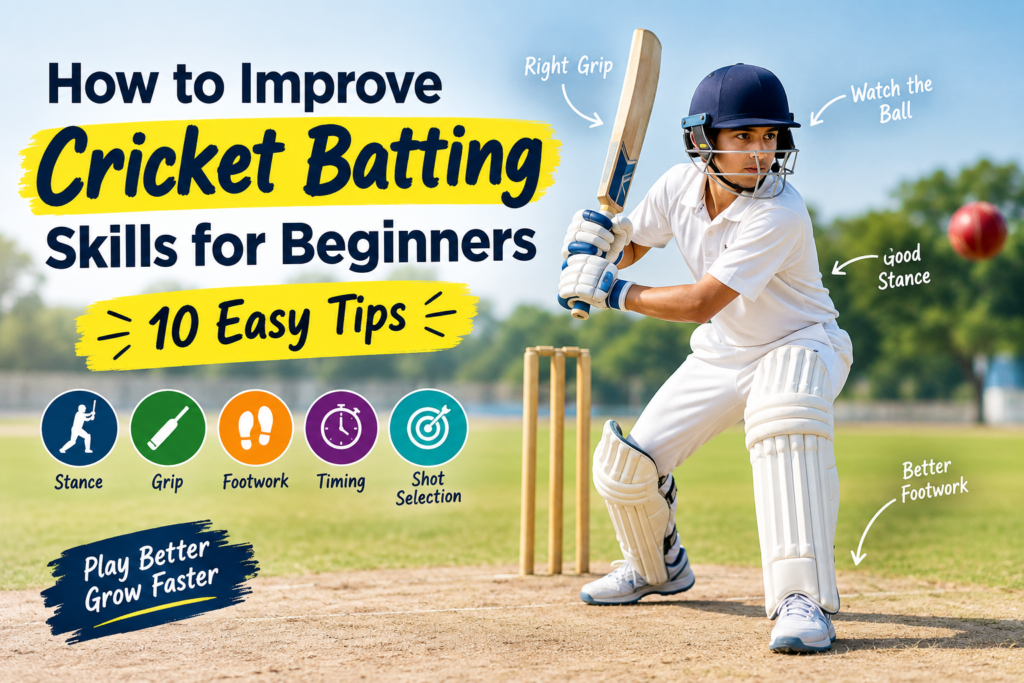 Cricket batting skills for beginners with a batsman practicing stance, grip, footwork, timing, and shot selection