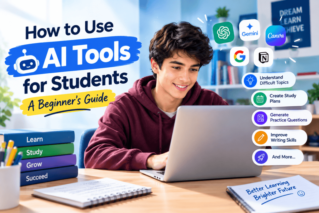 Student using AI tools on a laptop for studying and learning, with books and educational technology icons