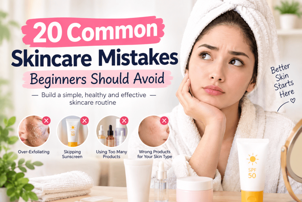 20 common skincare mistakes beginners should avoid, including over-exfoliating, skipping sunscreen, using too many products, and choosing the wrong skincare products.
