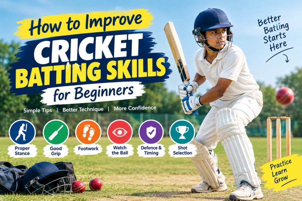 Young cricket batter practicing batting skills on a cricket field with icons for stance, grip, footwork, timing, defense, and shot selection.