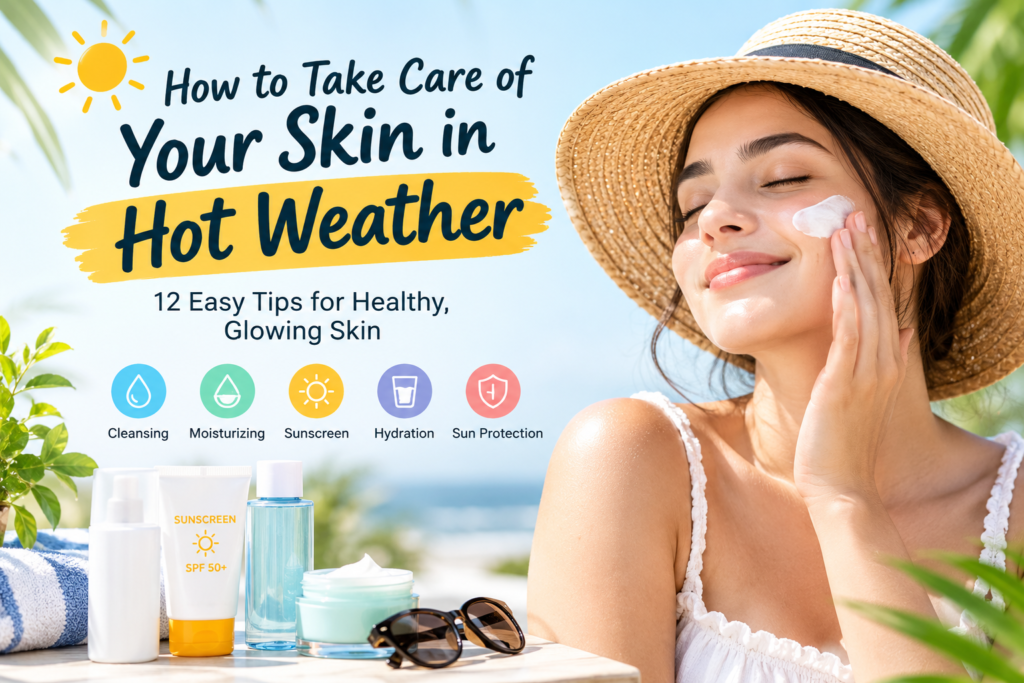 How to take care of your skin in hot weather with sunscreen, moisturizer, hydration, cleansing, and sun protection tips.