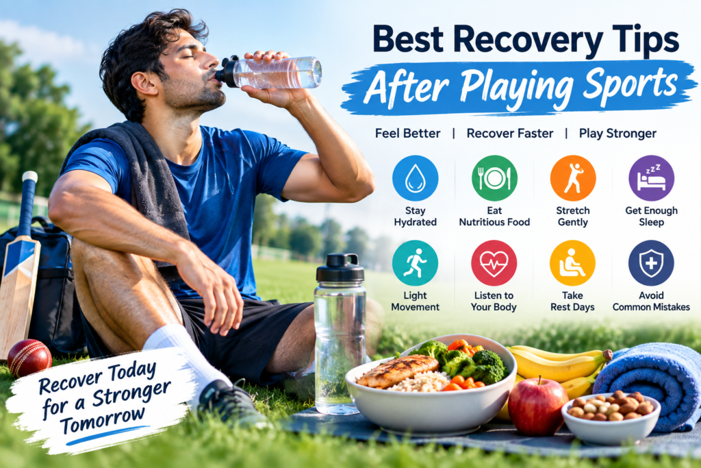 Best recovery tips after playing sports, featuring an athlete drinking water with hydration, nutrition, stretching, sleep, and rest tips.
