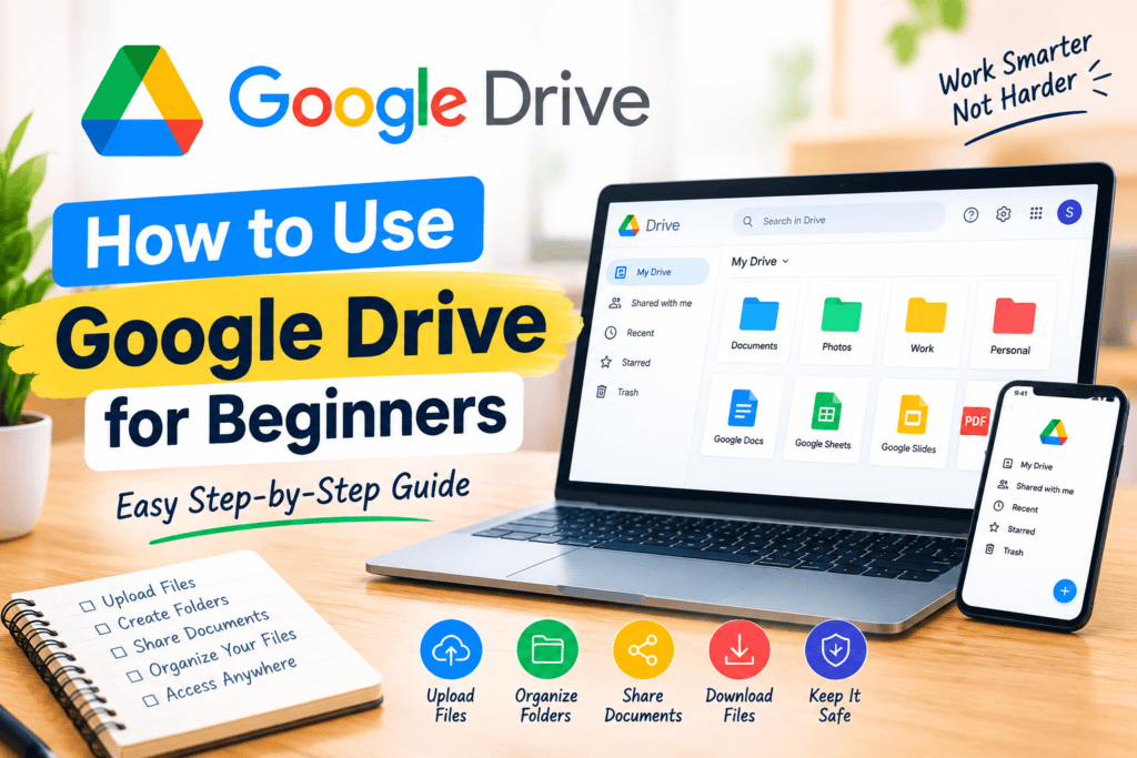 Google Drive for beginners guide showing how to upload, organize, share, and download files using Google Drive.