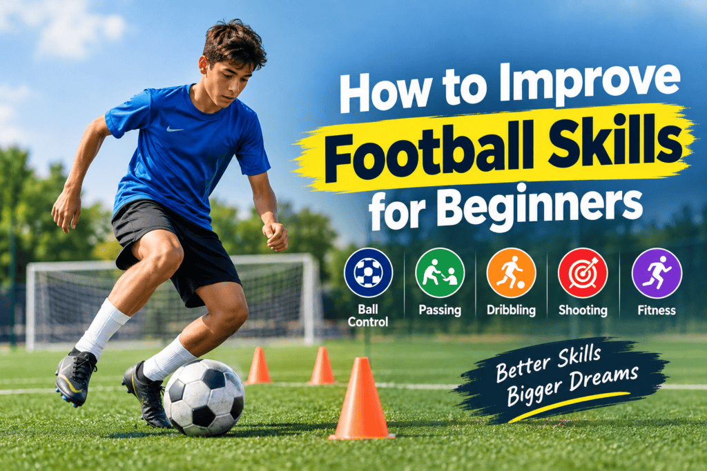Young football player practicing dribbling skills with a soccer ball and cones on a training field.