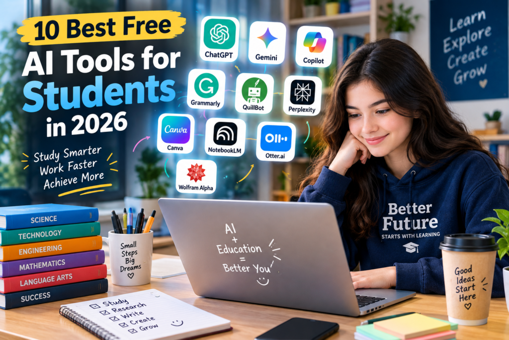 Best free AI tools for students in 2026, featuring AI study and productivity tools on a laptop.