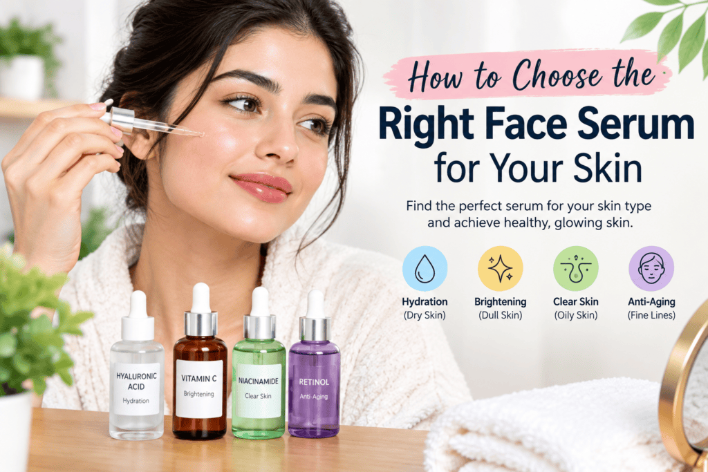Woman applying face serum with skincare bottles and guide showing serum options for different skin types.