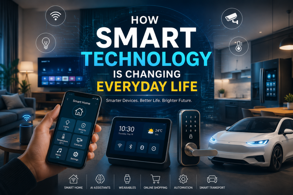 Smart technology transforming everyday life with smart home devices, AI assistants, wearable technology, online shopping, automation, and smart transportation.