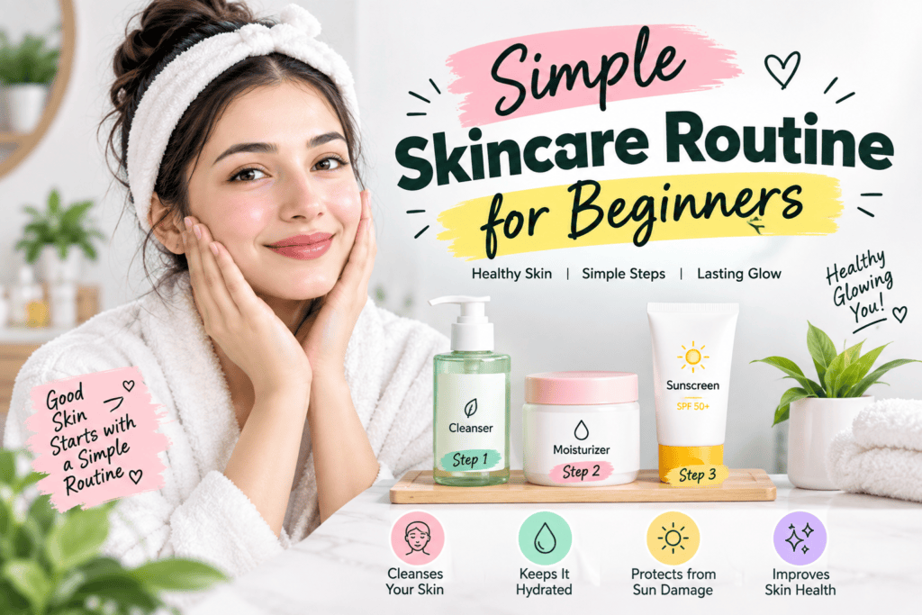 Simple skincare routine for beginners featuring a woman with healthy-looking skin, cleanser, moisturizer, and sunscreen, with steps for cleansing, hydration, sun protection, and skincare.