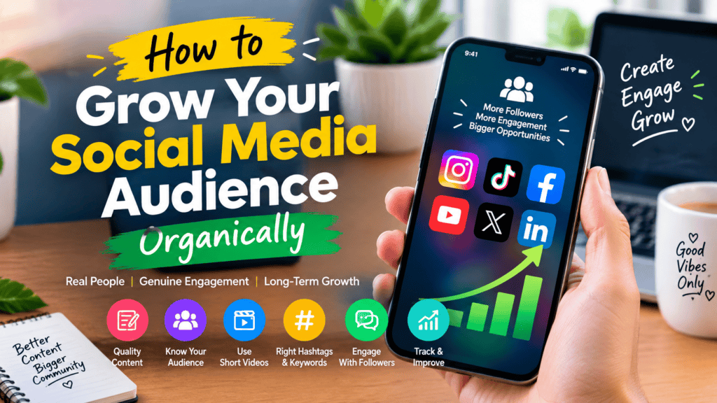 Social media growth strategy showing a smartphone with social media icons, increasing followers and engagement, with tips for quality content, audience targeting, short videos, hashtags, and organic growth.
