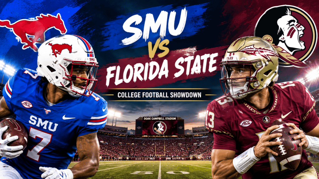 SMU Mustangs vs Florida State Seminoles college football players facing off in a night game at Doak Campbell Stadium.