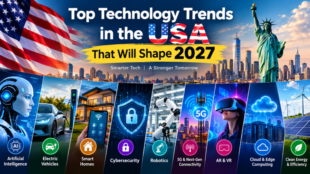 Top technology trends in the USA for 2027 featuring AI, electric vehicles, smart homes, cybersecurity, robotics, 5G, AR and VR