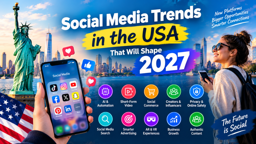 Social media trends in the USA for 2027 featuring AI, short-form video, social commerce, creators, privacy, AR and VR