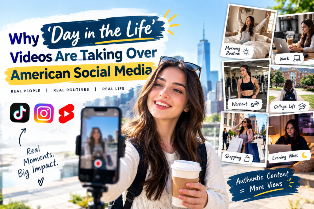 “Day in the Life videos showing an American creator’s daily routine, social media content creation, work, fitness, shopping, and lifestyle moments.”