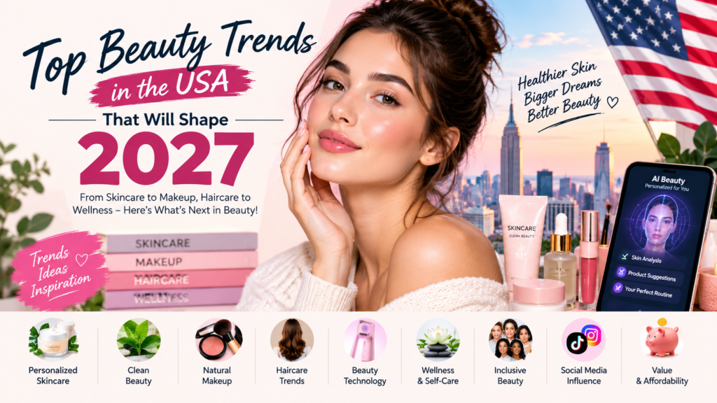 “Top beauty trends in the USA for 2027 featuring personalized skincare, clean beauty, natural makeup, haircare, AI beauty technology, wellness and inclusive beauty.”