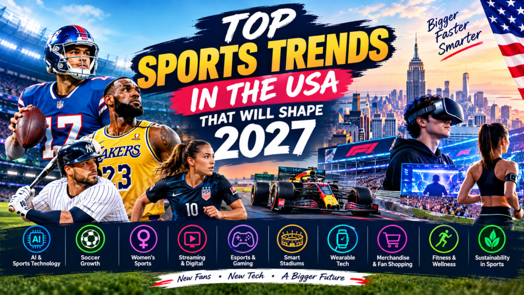 “Top sports trends in the USA for 2027 featuring football, basketball, baseball, soccer, Formula 1, women’s sports, AI technology, esports, streaming, smart stadiums, fitness, and sustainability.”