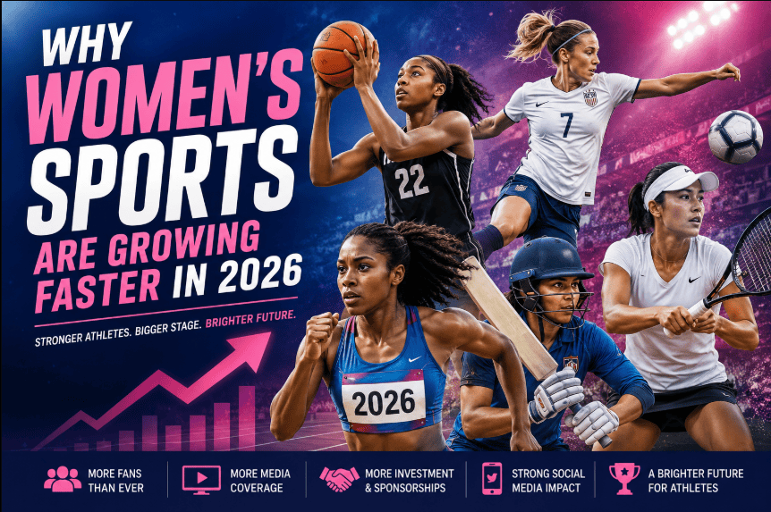 Women athletes competing in basketball, soccer, tennis, cricket, and track, representing the rapid growth of women’s sports in 2026.