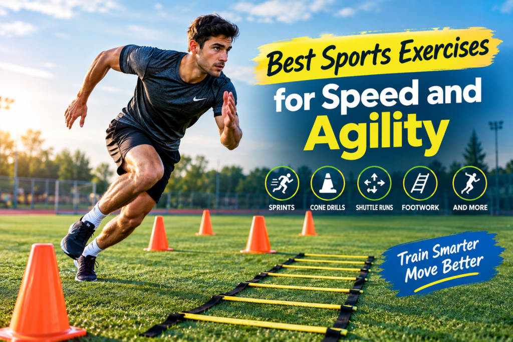 Athlete performing speed and agility exercises with cones and an agility ladder on a sports field.