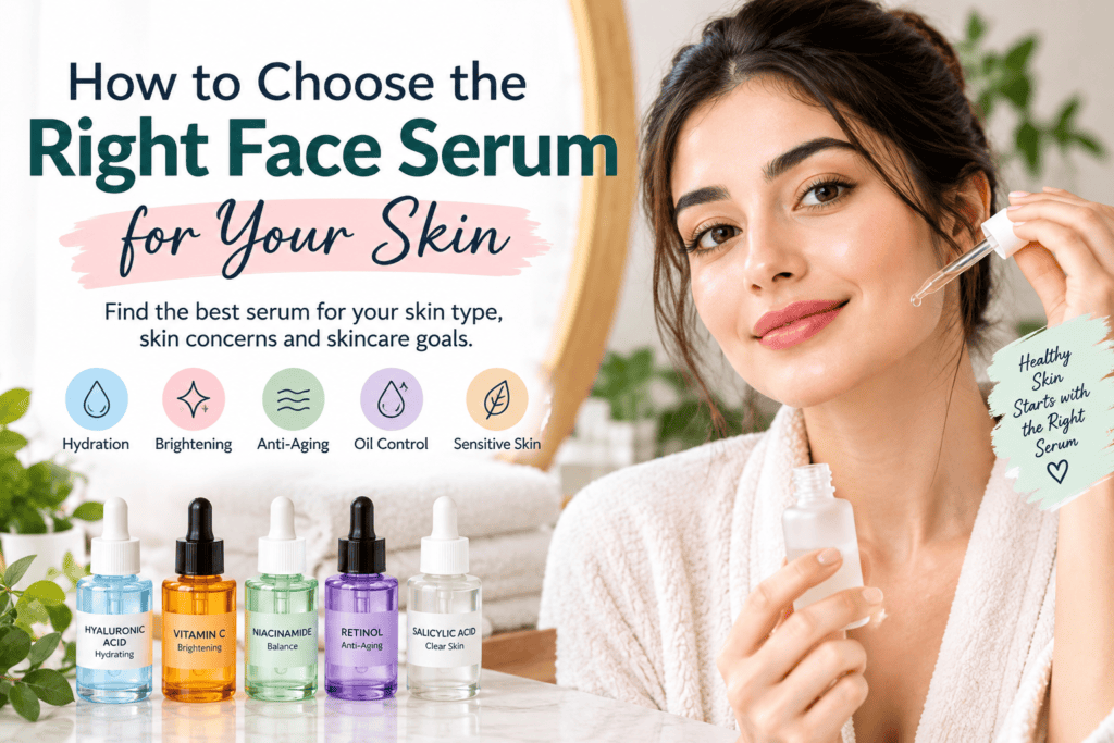 How to choose the right face serum for your skin type, featuring skincare serums for hydration, brightening, oil control, anti-aging, and sensitive skin.