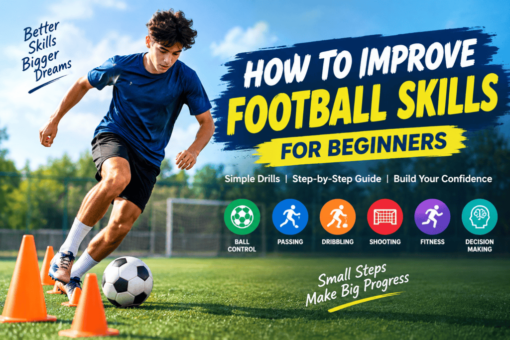 Young football player practicing dribbling around cones on a soccer field, with tips for improving football skills for beginners.